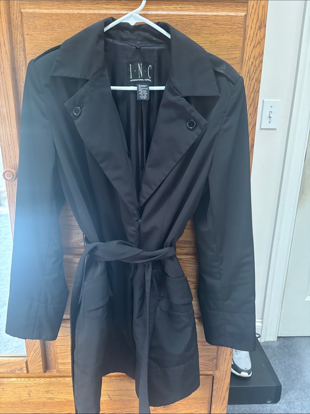 INC International Concepts Black Trench Coat with Waist Tie